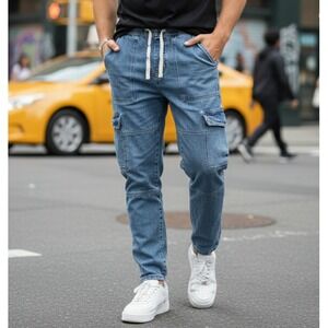 Sun + Stone Men's Size 32 Light Blue Elastic Waist Denim Joggers Casual Wear